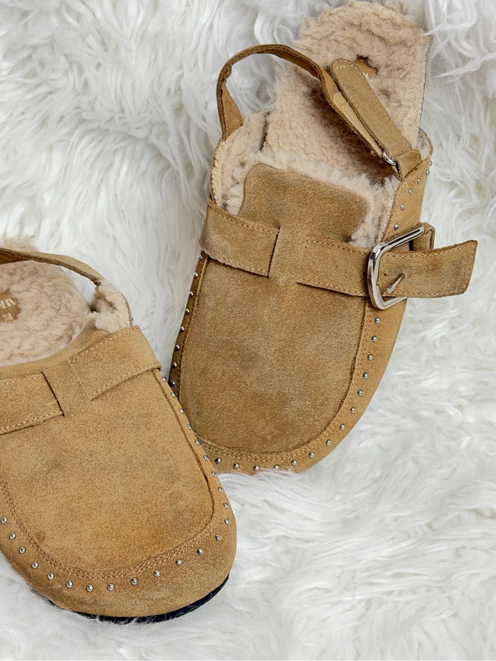 Zara Tan Suede shoes Slingback Clog with Faux Shearling size 7.5